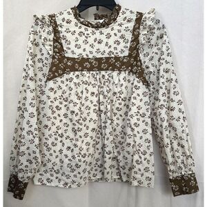 In Loom Floral Prairie Western Country Peasant Ruffles Blouse Sz S Butter Yellow